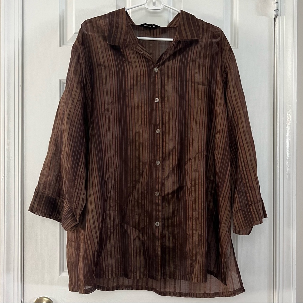 IOS Brown Striped Sheer Button-Up Blouse